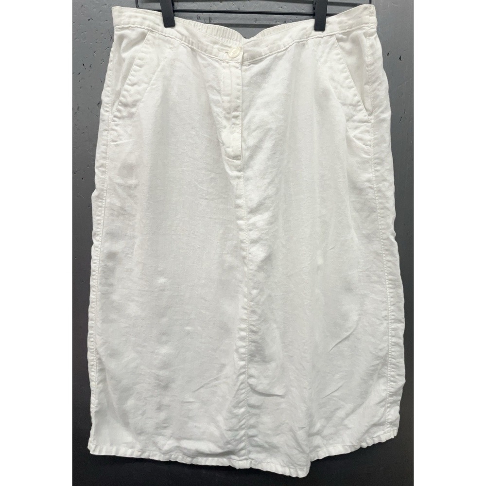 LL Bean Linen Skirt 14 White Midi Pockets‎ Coastal Preppy Beach Vacation